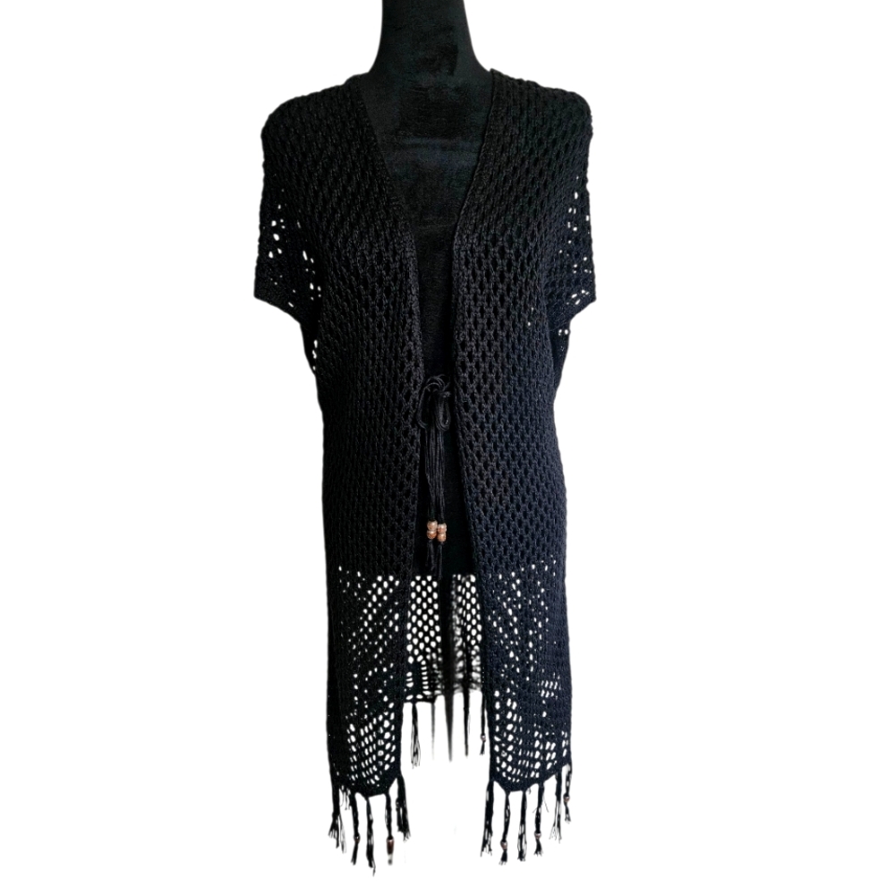 Artesia Black Mesh Open Front Crochet Knit  Fringe Cardigan Size L